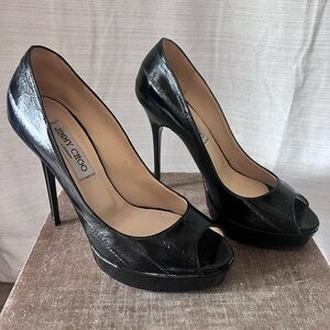 Jimmy Choo London Black Leather Open Toe Pumps